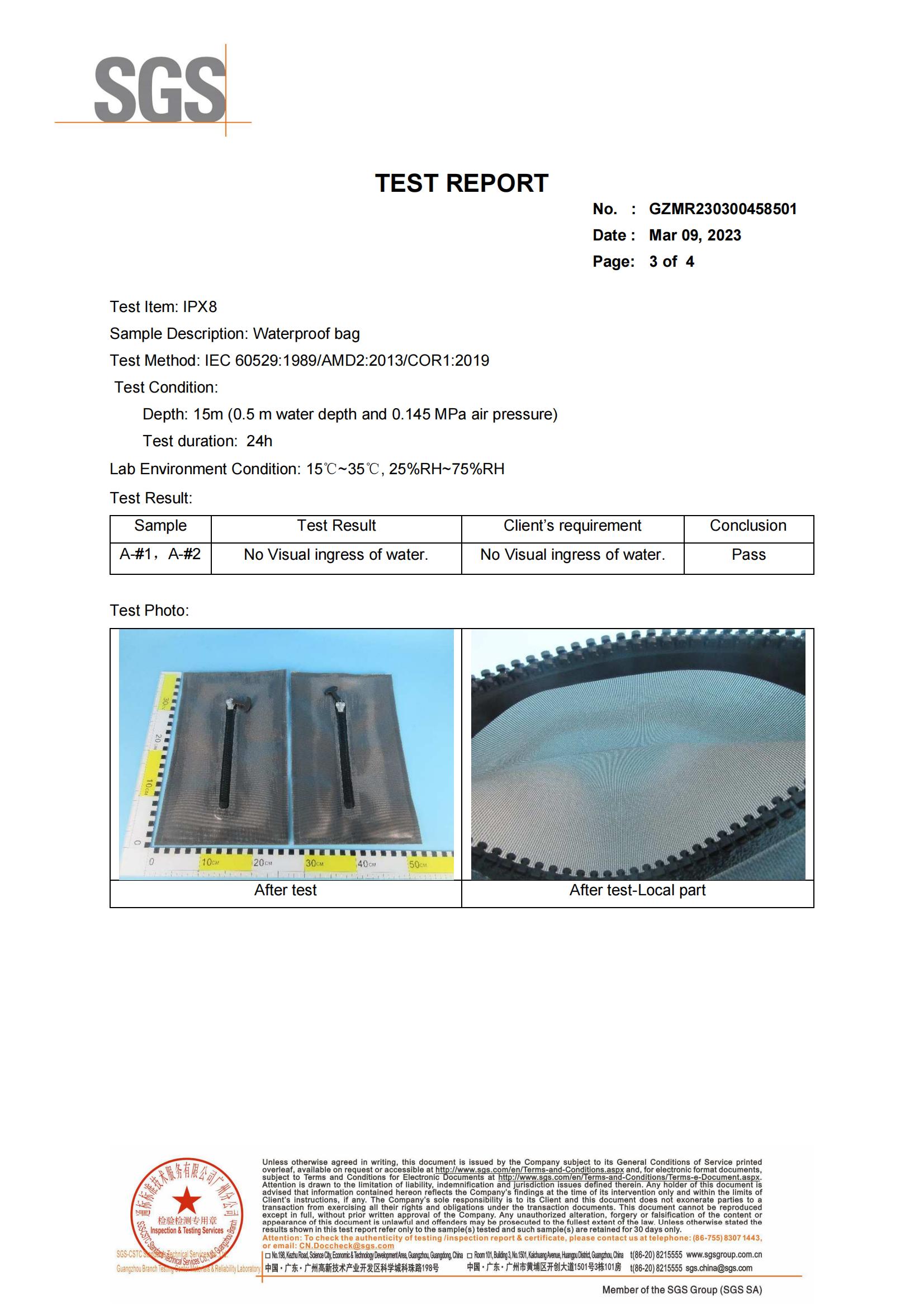 SGS IPX8 waterproof grade