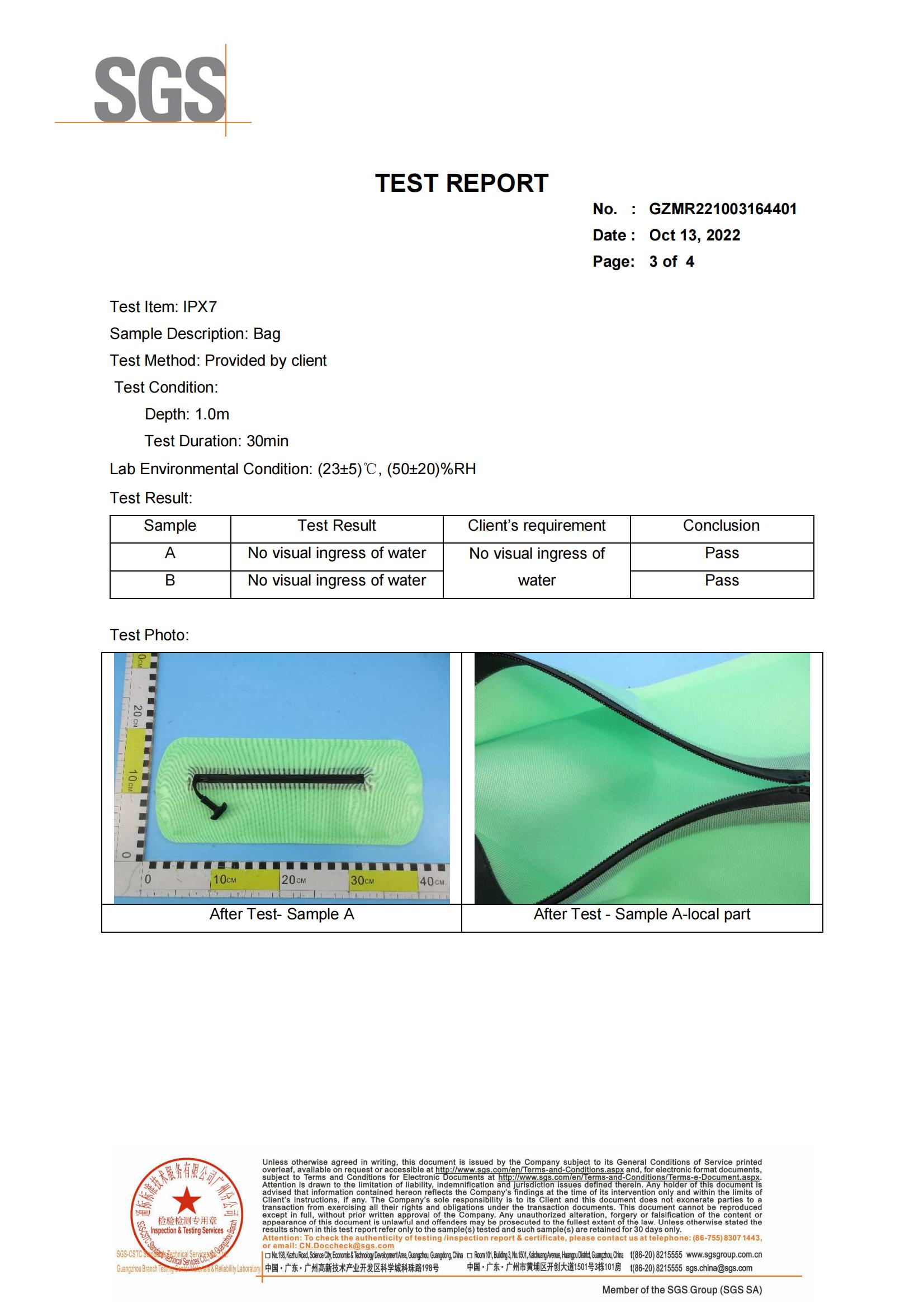 SGS IPX7 waterproof grade